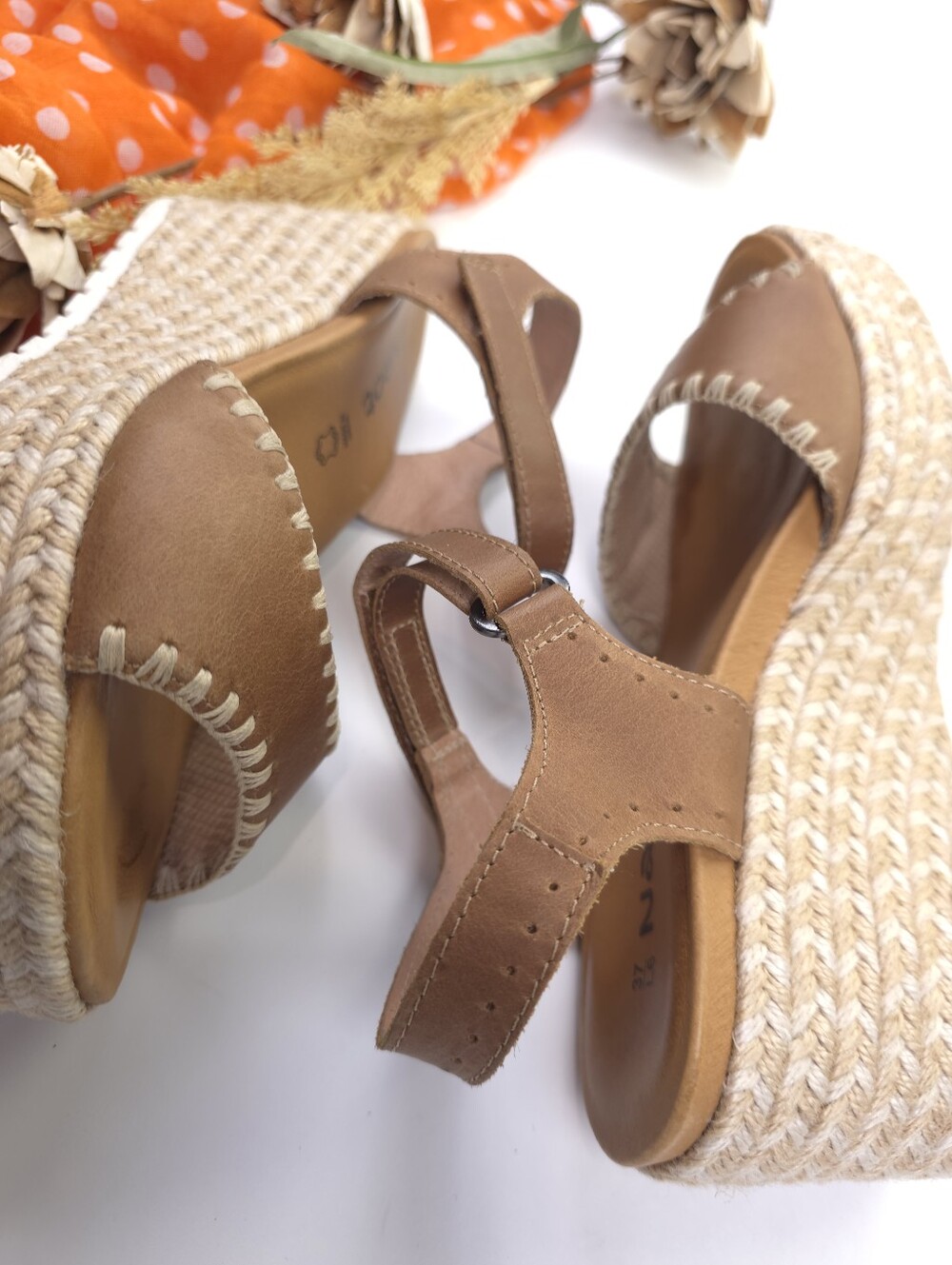 Naot Women’s Tan Espadrille Wedge Sandals - Leather Ankle Strap Sz 37 - Picture 10 of 12
